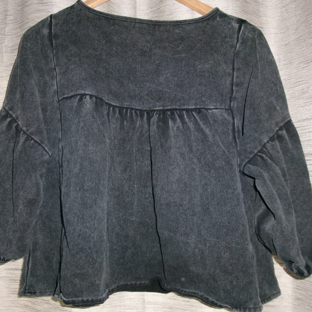SHEIN Washed Charcoal Black Peasant Long Sleeve Top